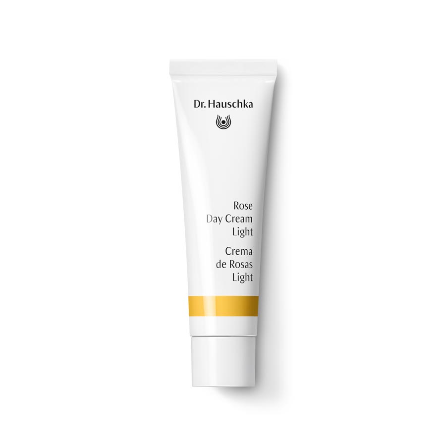 Dr. Hauschka Rose Day Cream Light 30ml on a plain background, highlighting its hydrating and balancing properties with a light, rose-infused formula.