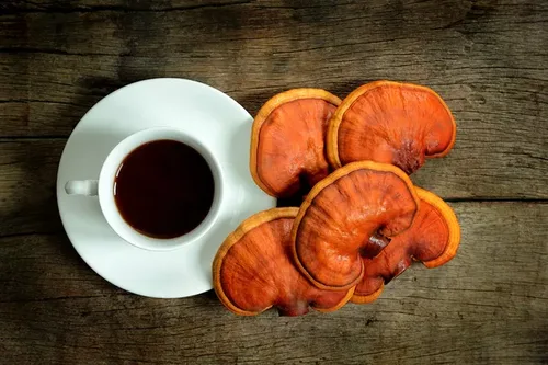 Reishi mushroom tea - A cup of herbal tea with sliced Reishi mushrooms floating inside, showcasing its health benefits.