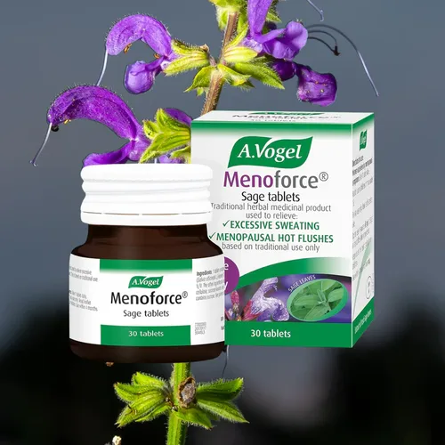 Box of A.Vogel Menoforce Sage Tablets for Menopausal symptom relief, featuring natural herbal remedy for hot flashes and excessive sweating in women going through menopause