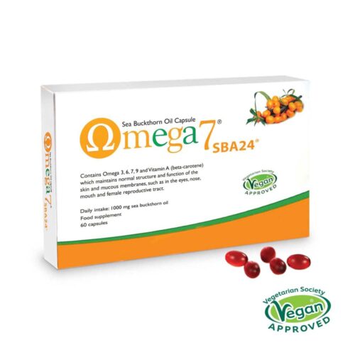 Pharma Nord Omega 7 Sea Buckthorn Oil bottle with sea buckthorn berries on a white background.